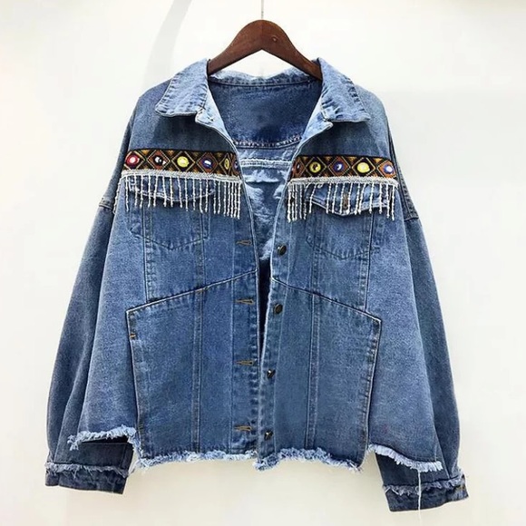 New Bohemian Western Embroidered Oversized Denim Jean Jacket - Picture 5 of 8